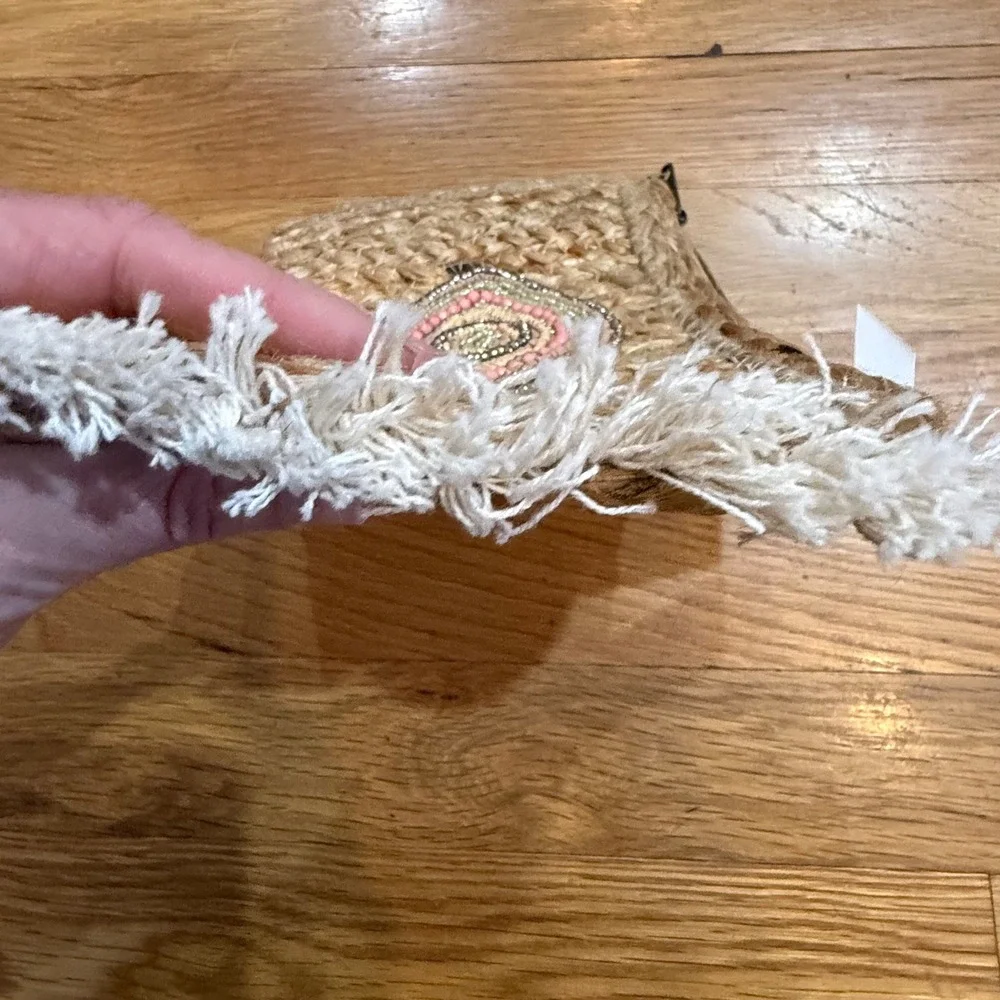 Maison Boho Jute Evil Eye Beaded Fringe Clutch Pouch Tan‎ White